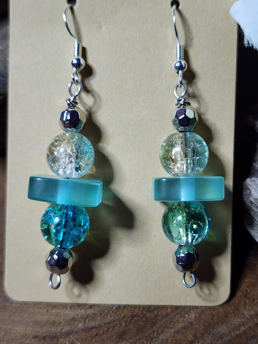 Hand Crafted  Crackled Glass Teal Beaded Bracelet and Earring Set